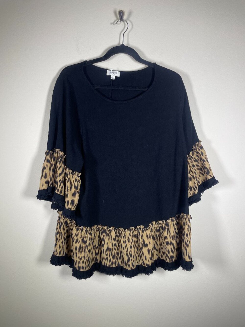 Women’s Umgee Black Linen & Leopard Print Bell Sleeve Blouse Top L peplum!